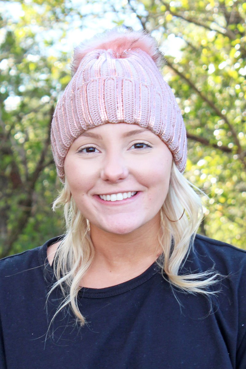 Blush Metallic Knit Pom-Pom Beanie